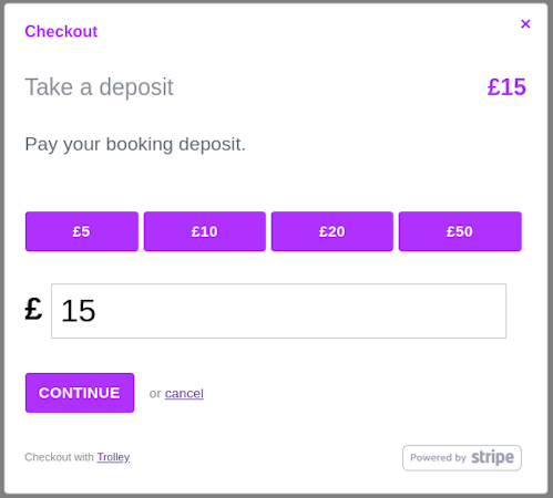 Trolley screenshot: Trolley booking deposit checkout