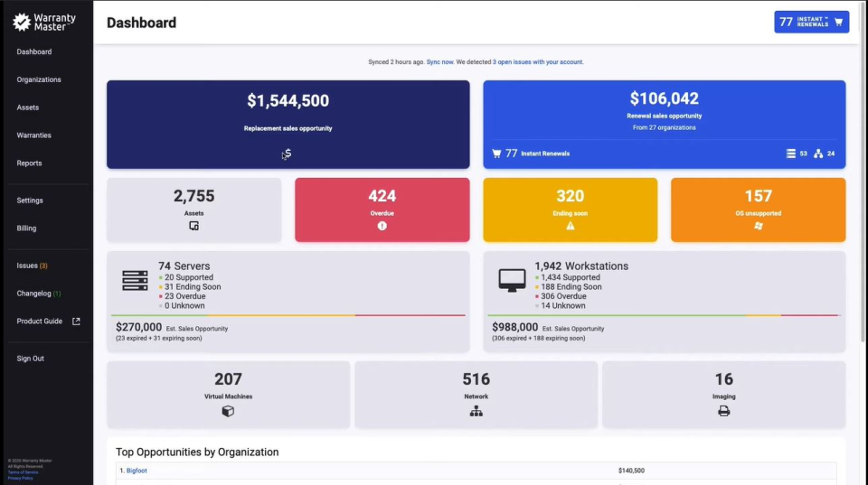Warranty Master dashboard