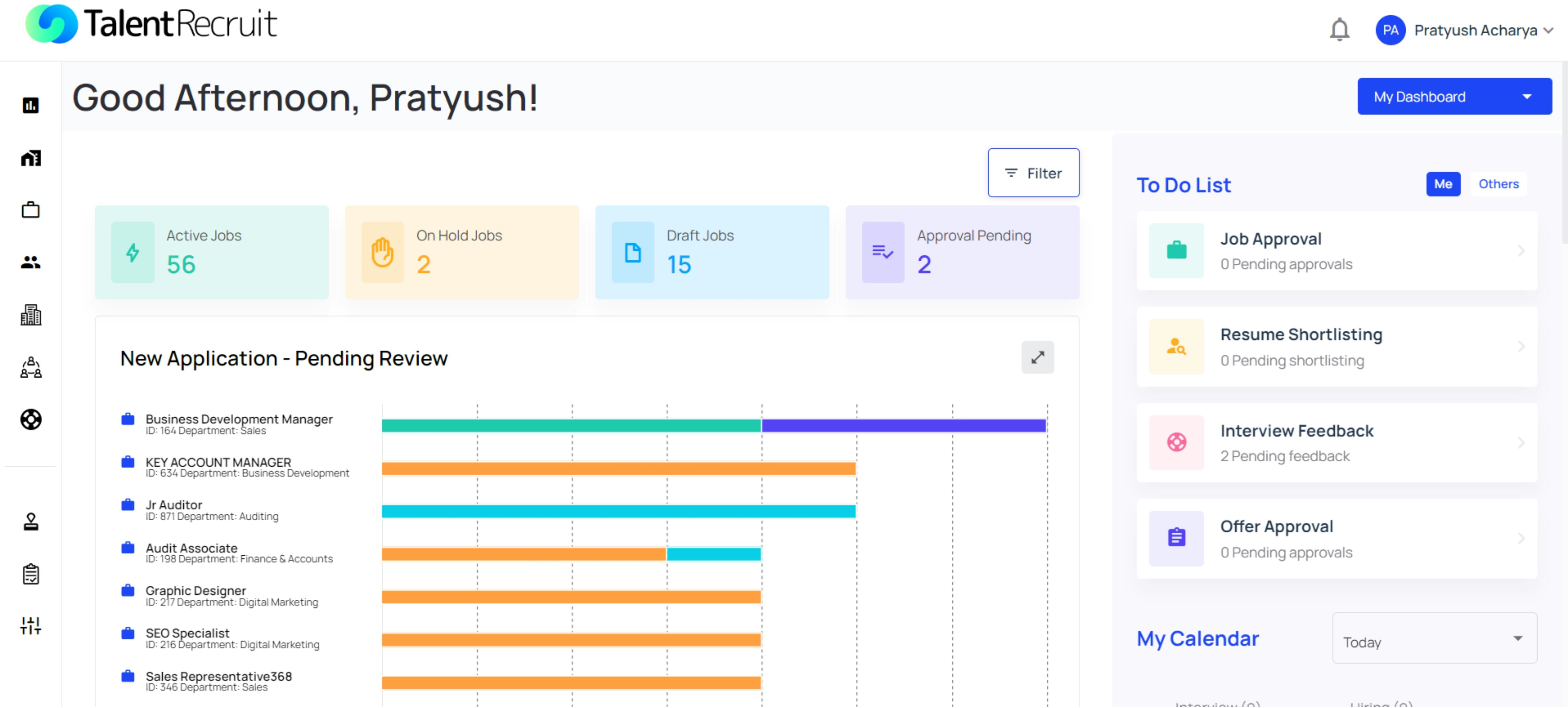 TalentRecruit Software - TalentRecruit Dashboard: Stay on top of your tasks with our comprehensive dashboard, keeping recruiters informed about daily events and pending tasks