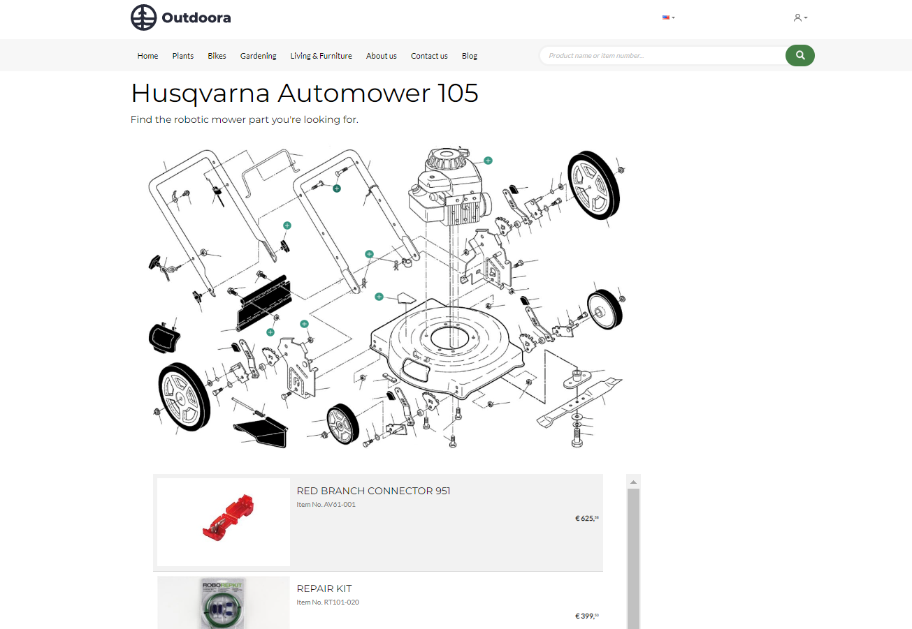 Sana Commerce Software - With our lookbook content element, you can add an image that contains multiple products and create clickable points on the image. This feature is invaluable to B2B sellers who sell spare parts.