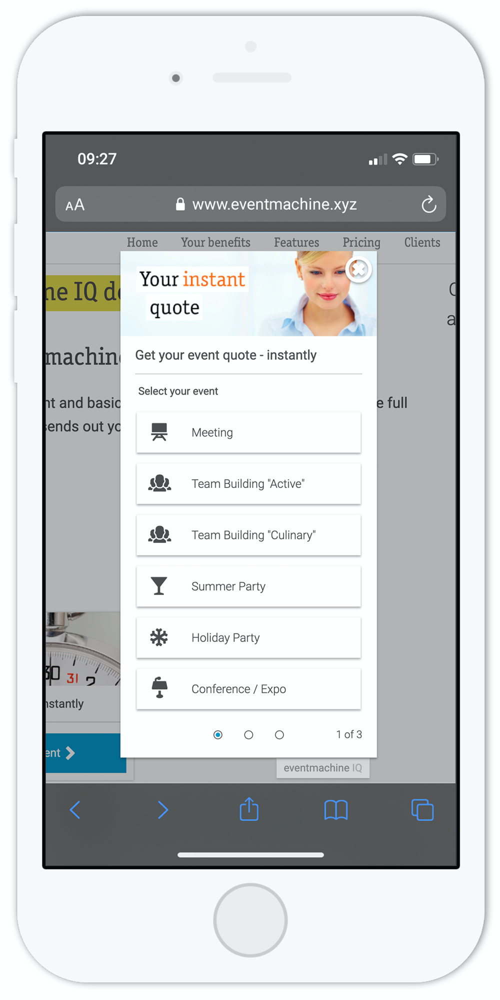 Eventmachine meeting screenshot: Automated instant MICE quoting with EVENTMACHINE IQ