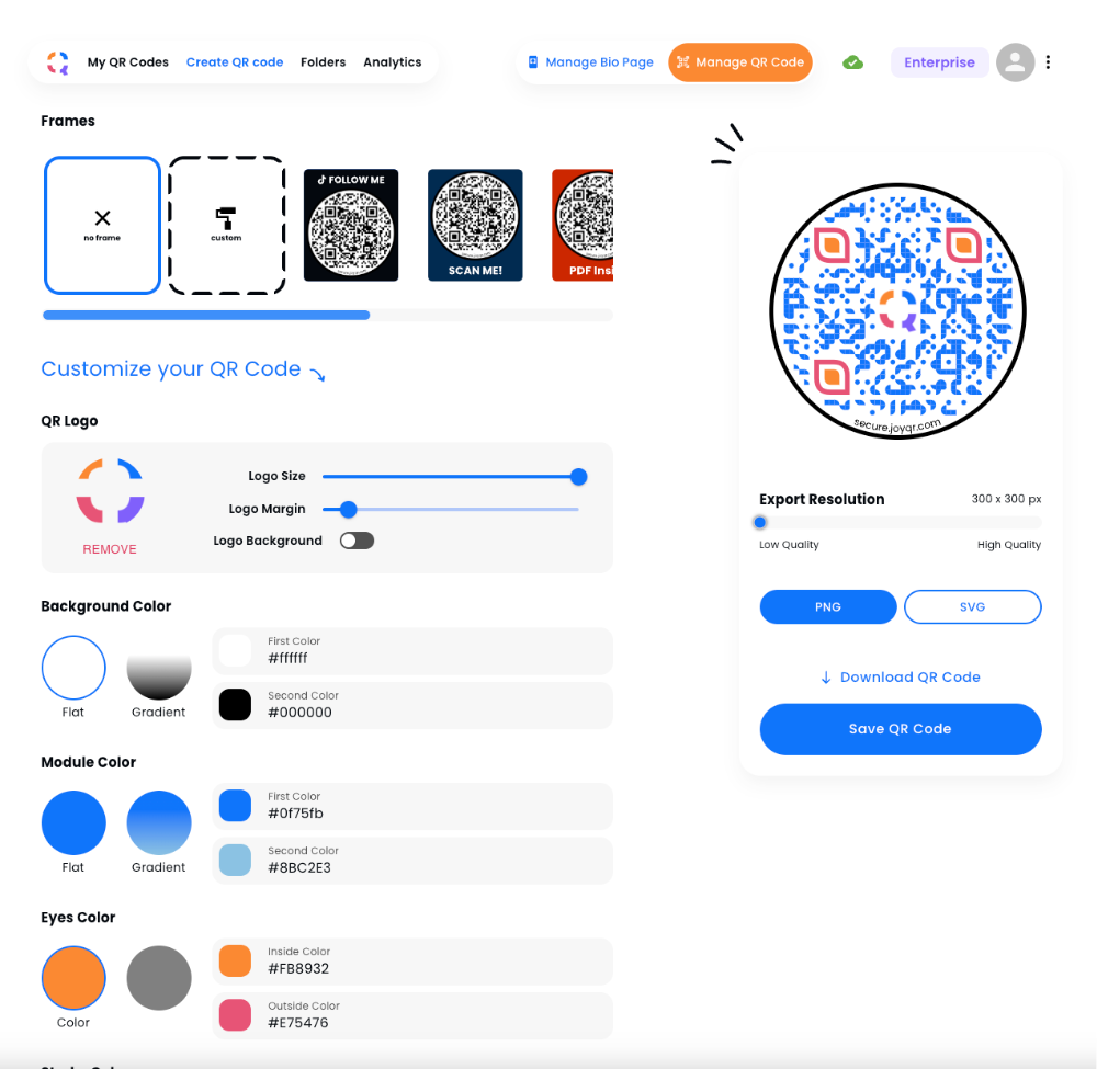 JoyQR Software - Customize QR codes: Add logos, select colors or gradients, and frame your design for impact.