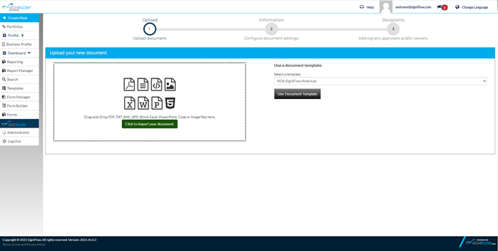 SigniFlow Software - Setting up a workflow, step 1: Upload document. Creating a workflow in SigniFlow is a seamless & quick process that begins with you uploading the document you want signed/approved. The system converts it to PDF & you move on to customising document info.