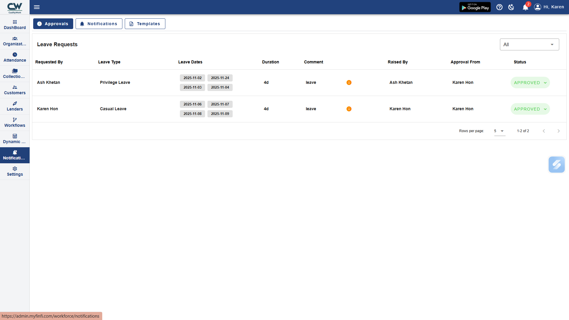 Cualitywork screenshot: Cualitywork admin & manager dashboard