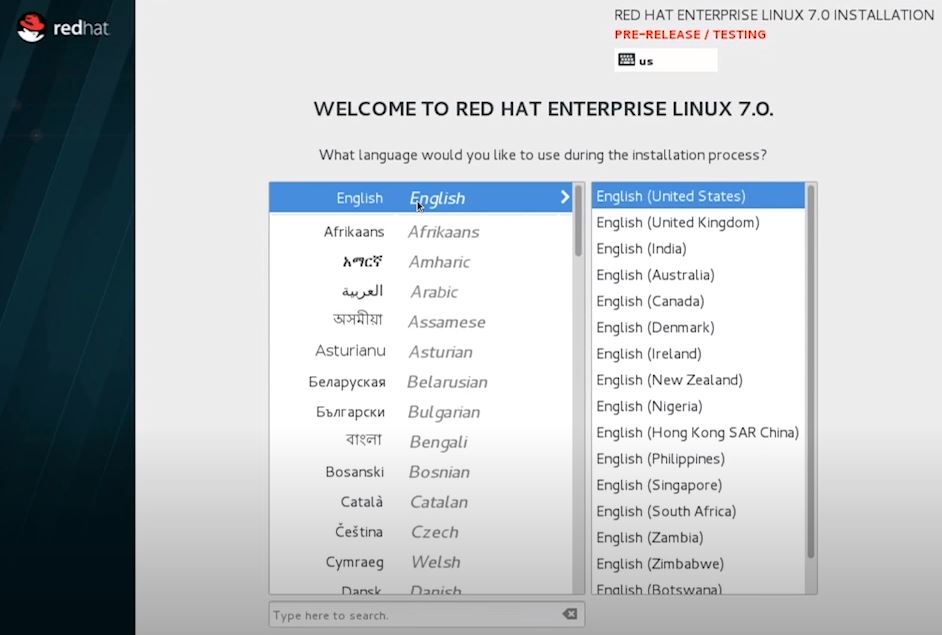 Red Hat Enterprise Linux select language