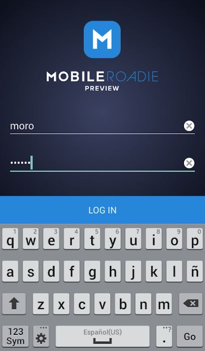 Mobile Roadie screenshot: Log in securely to Mobile Roadie with user name and password