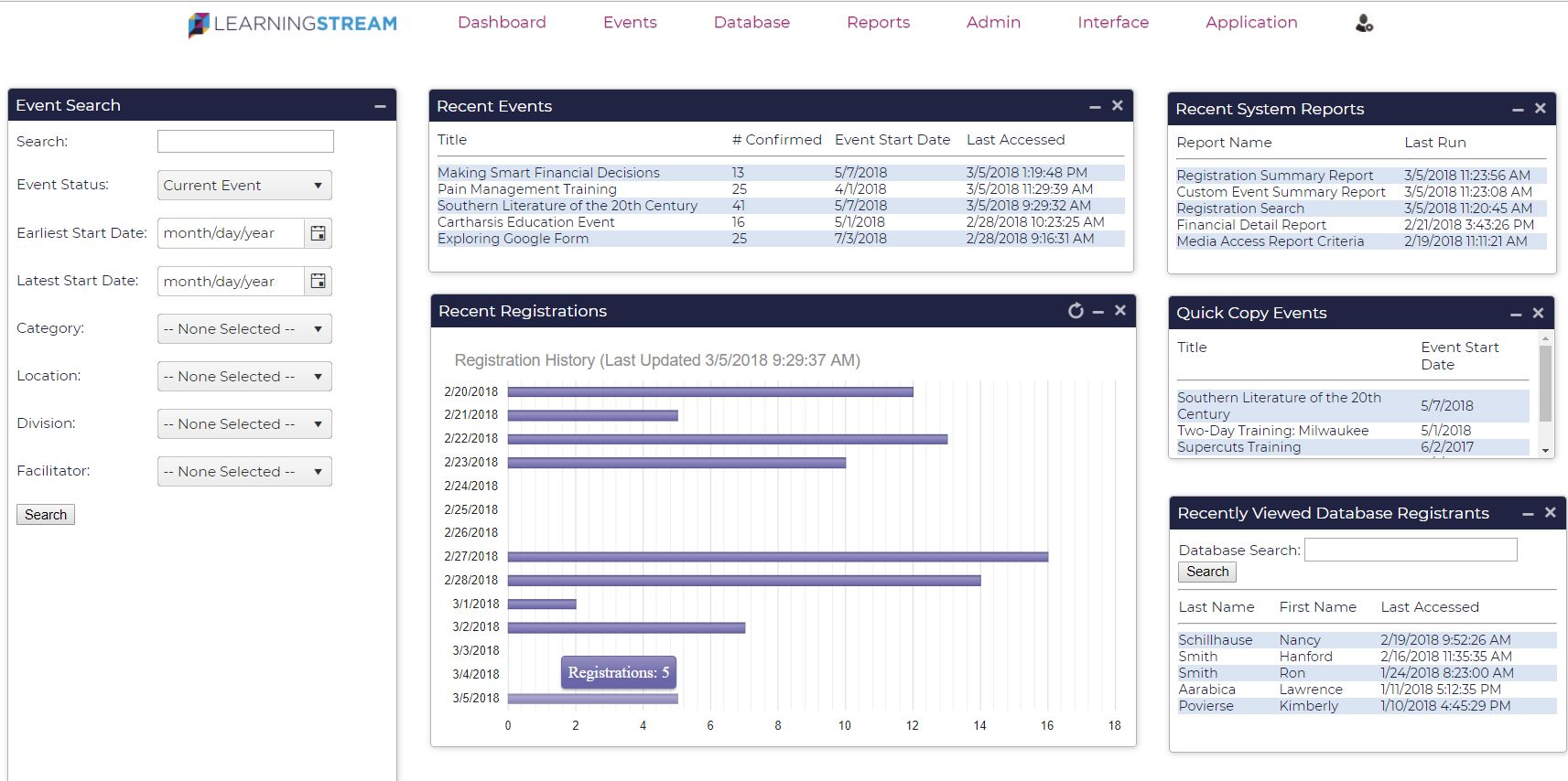 Learning Stream Software - The account-level dashboard gives a convenient launching point for access recent reports, records, events, and for copying from event templates.