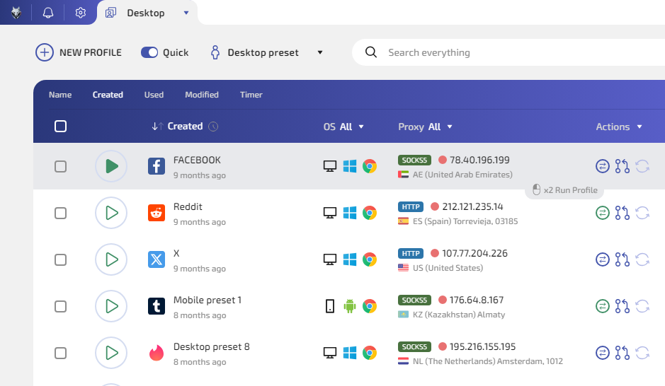WADE X screenshot: WADE X anti-detect browser interface