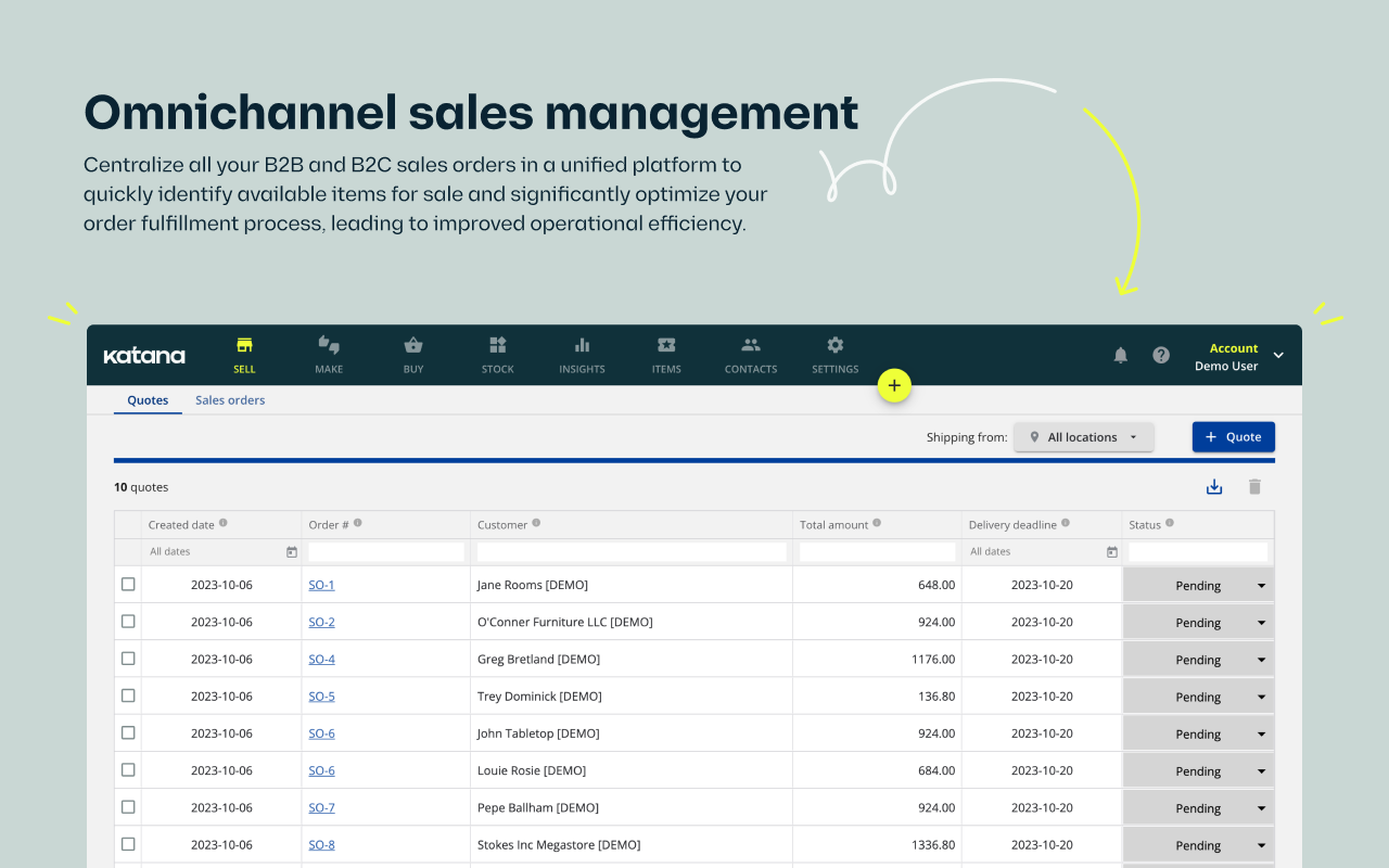Katana Cloud Inventory Software - Centralize all your B2B and B2C sales orders in a unified platform to quickly identify available items for sale and significantly optimize your order fulfillment process, leading to improved operational efficiency.