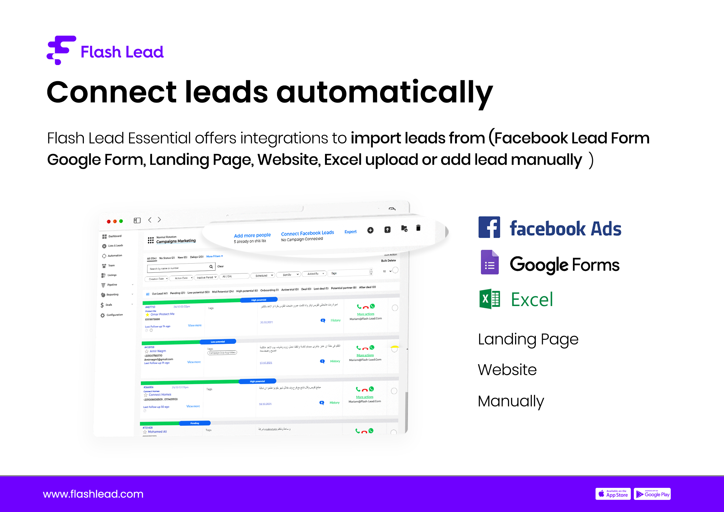 Flash Lead screenshot: Connect your leads from all sources with the click of a button.