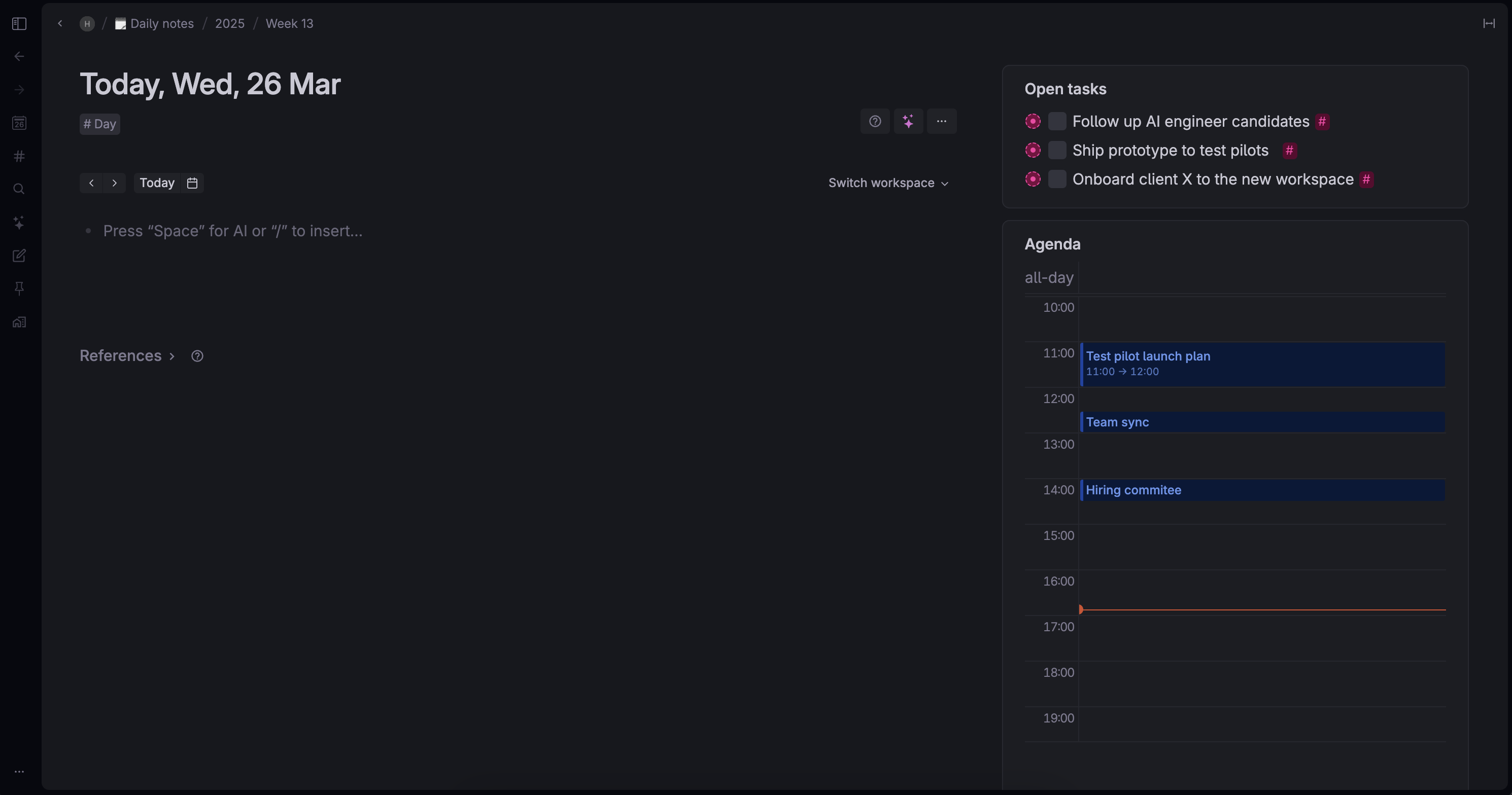 Tana screenshot: Tana daily page with tasks 
