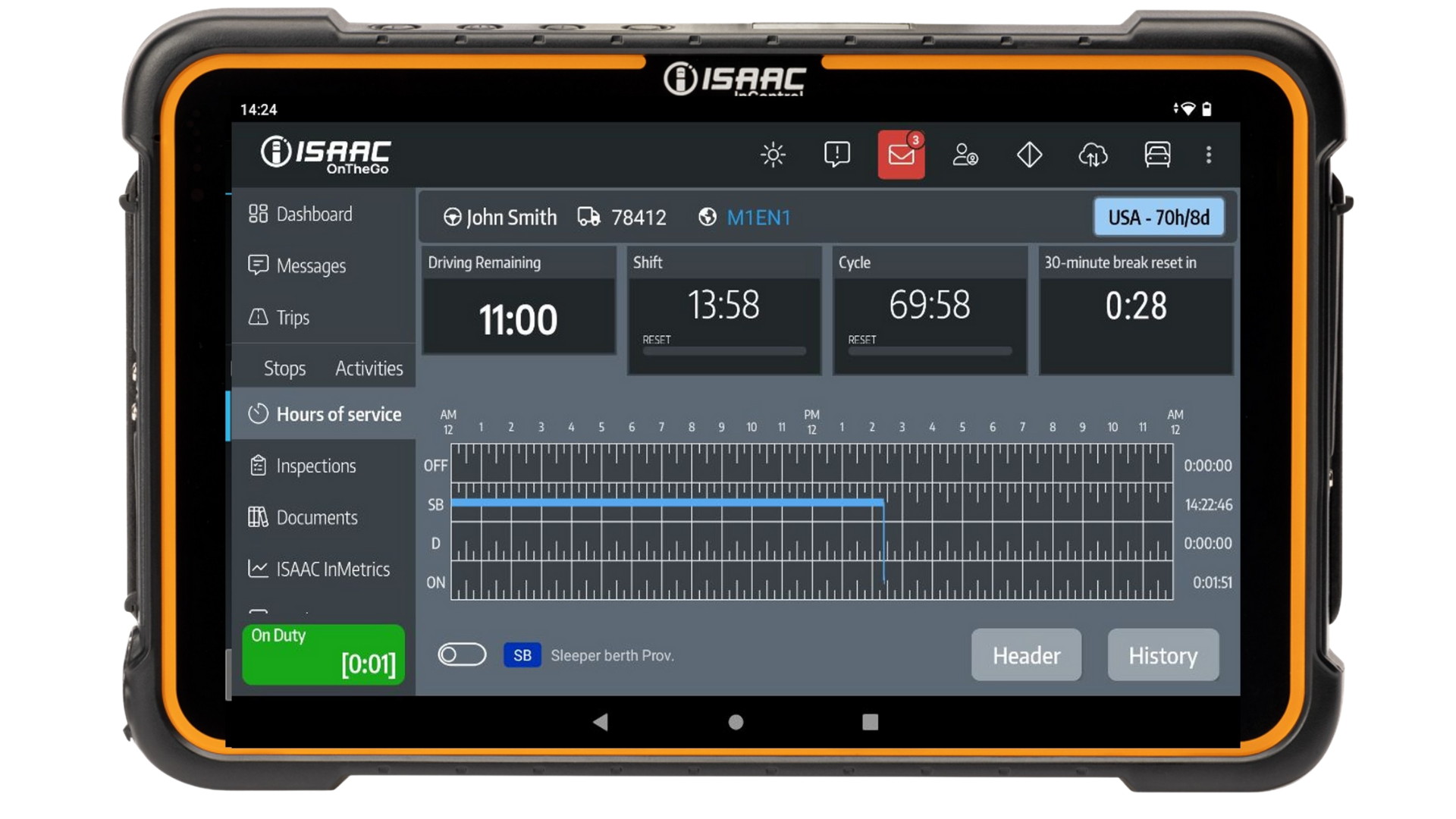 ISAAC screenshot: ISAAC Driver‑Friendly ELD: intuitive, time-saving in-cab tech that lets drivers drive. Hours of service view. 
