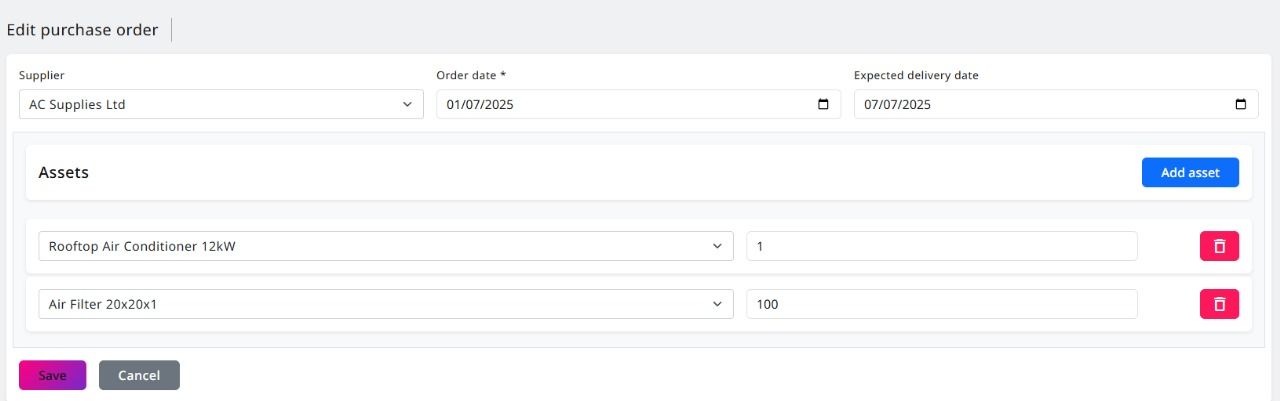 Andalus Property Management screenshot: Andalus Property Management edit purchase 