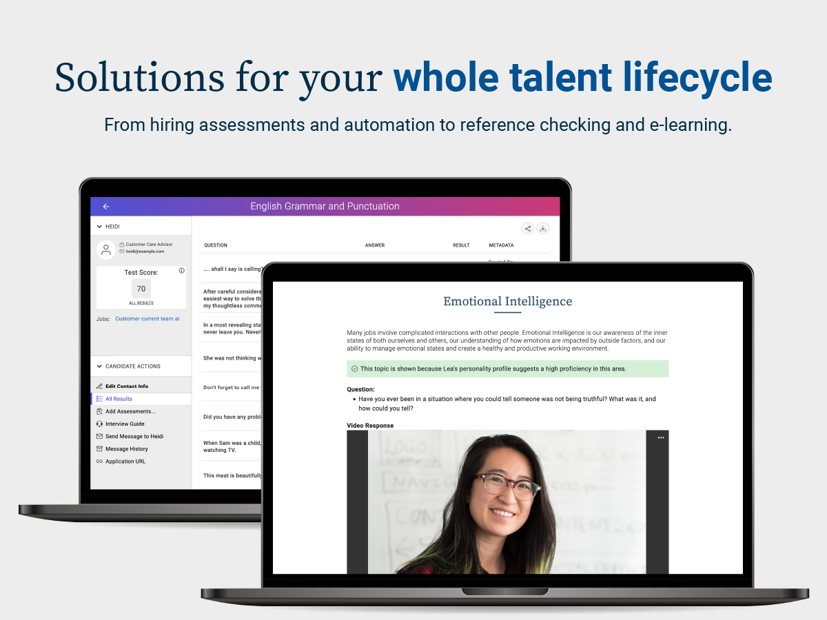 Backed by Cangrade's award-winning support, we deliver:
- Hiring Automation
- Pre-Hire Soft Skills Assessments
- Hard Skills Assessment Library
- Candidate Reports
- Multi-Way Scoring
- Structured Interview Guides
- Video Interviewing
- Reference Checking