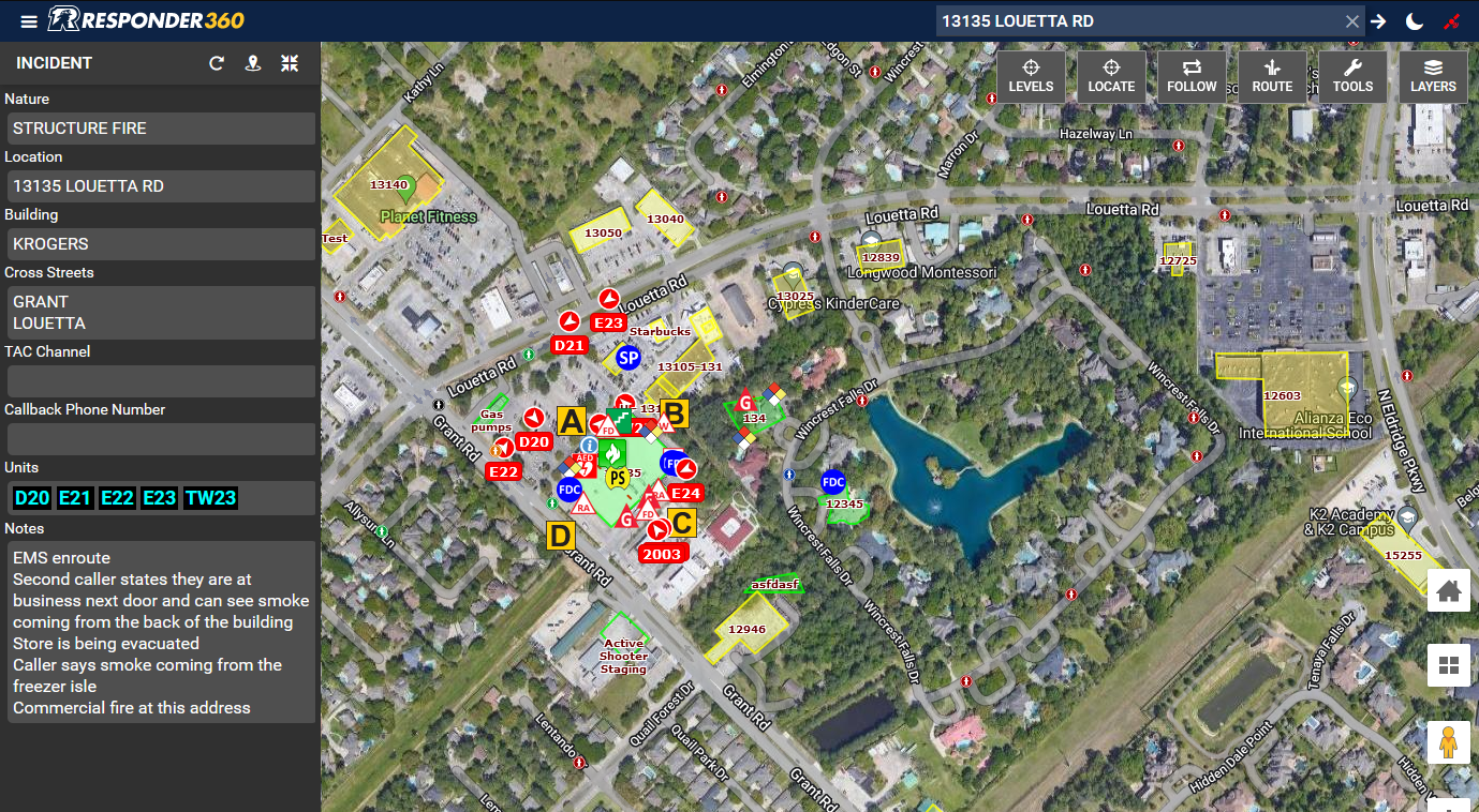 Responder360 Software - CAD Details, Hydrants, Pre-plan map icons and Responding Units on a laptop computer