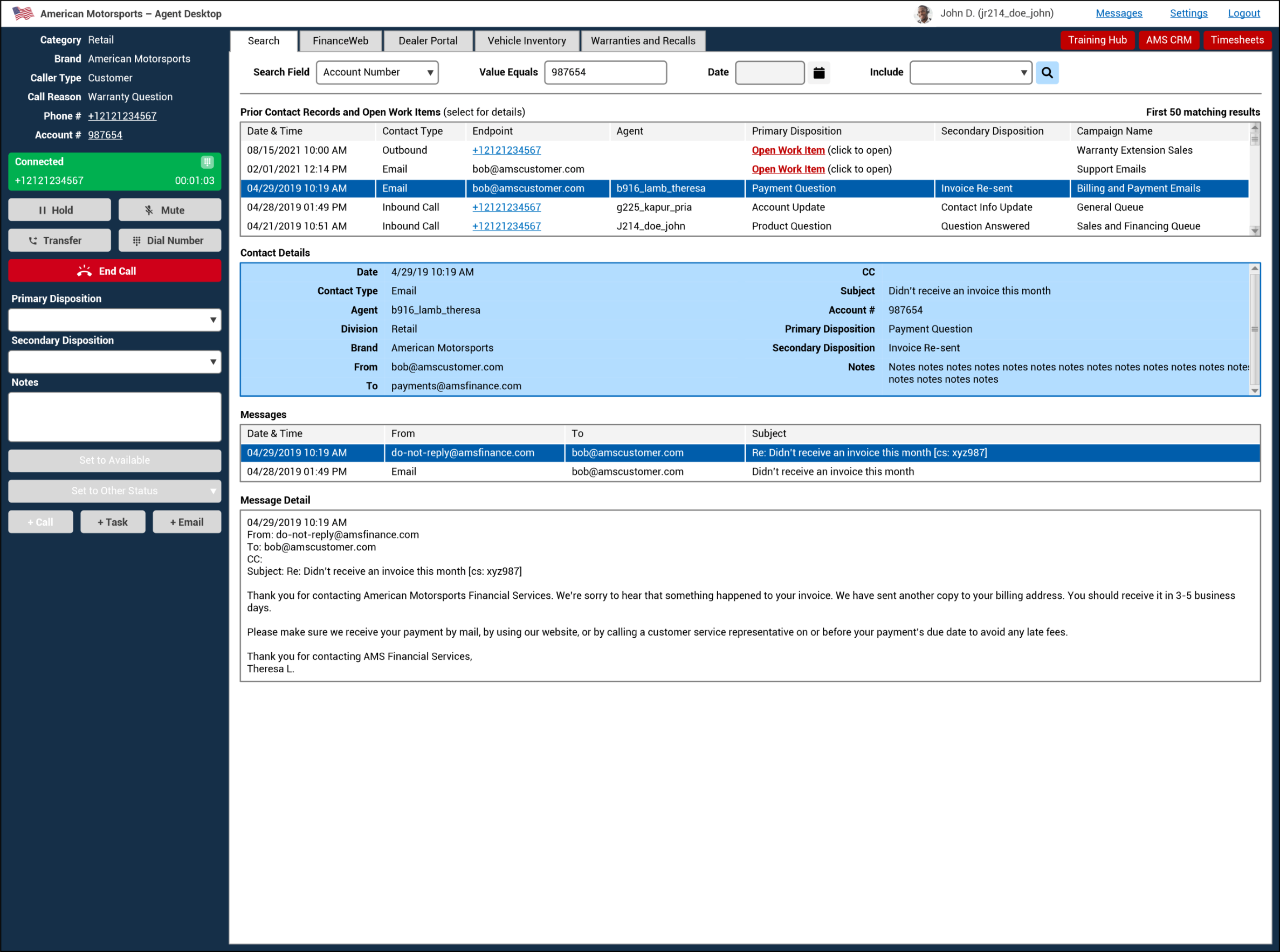 USAN Contact Suite for Amazon Connect screenshot: USAN Agent Desktop, Inbound Call Connected