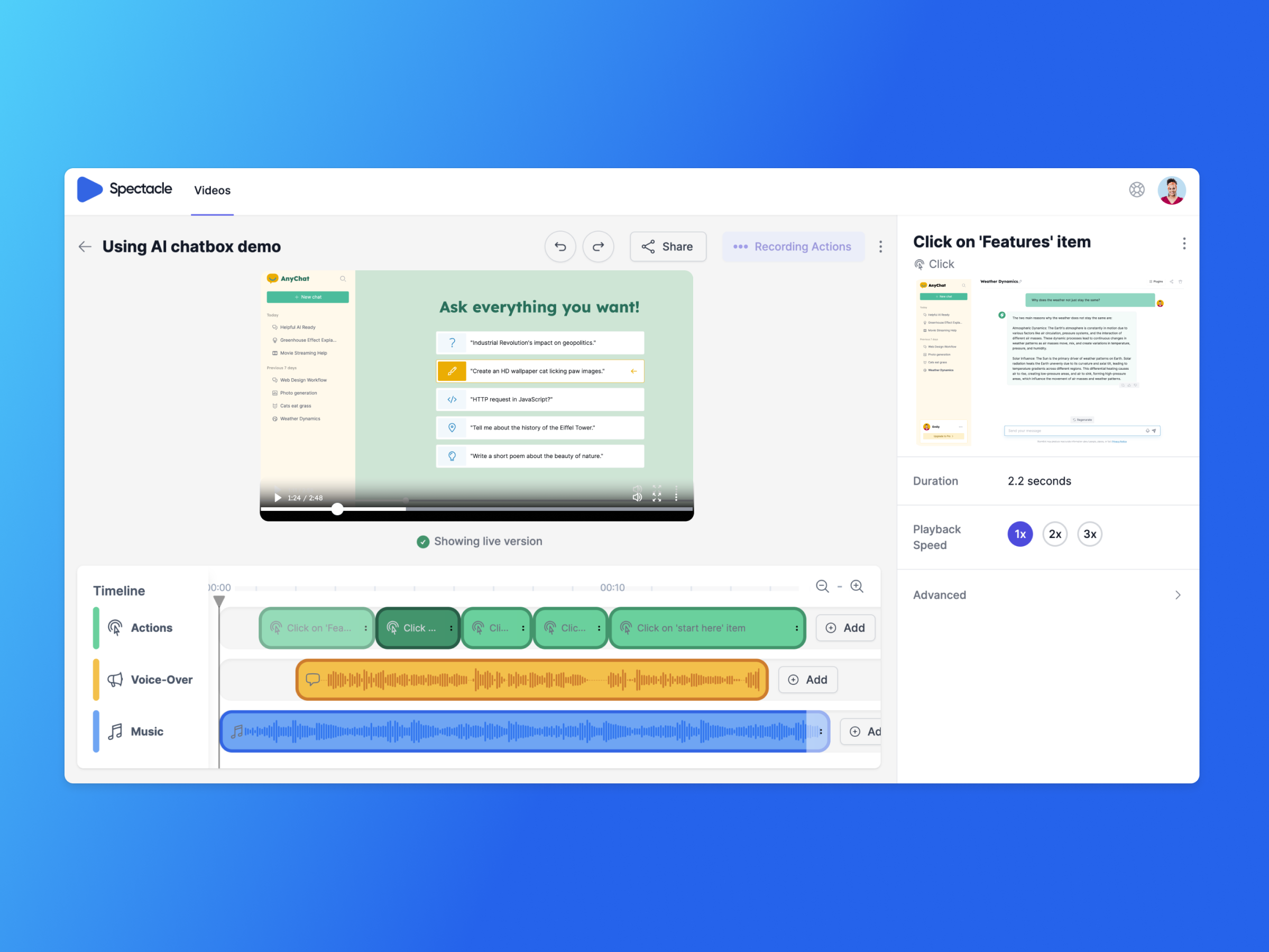 Spectacle Software - Create professional SaaS tutorial videos for free. Update videos to automatically sync with product changes, without having to start from the beginning.