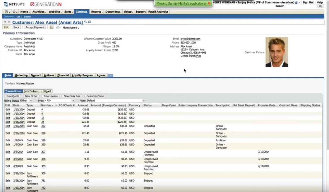 SuiteCommerce contact management screenshot