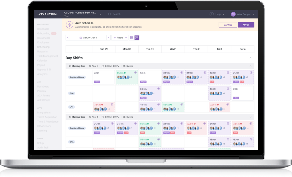 Viventium Software Software - Viventium Scheduling. Our scheduling software automatically generates shifts based on employee availability, preferences, and work schedules, ensuring the right staff are in the right place at the right time.