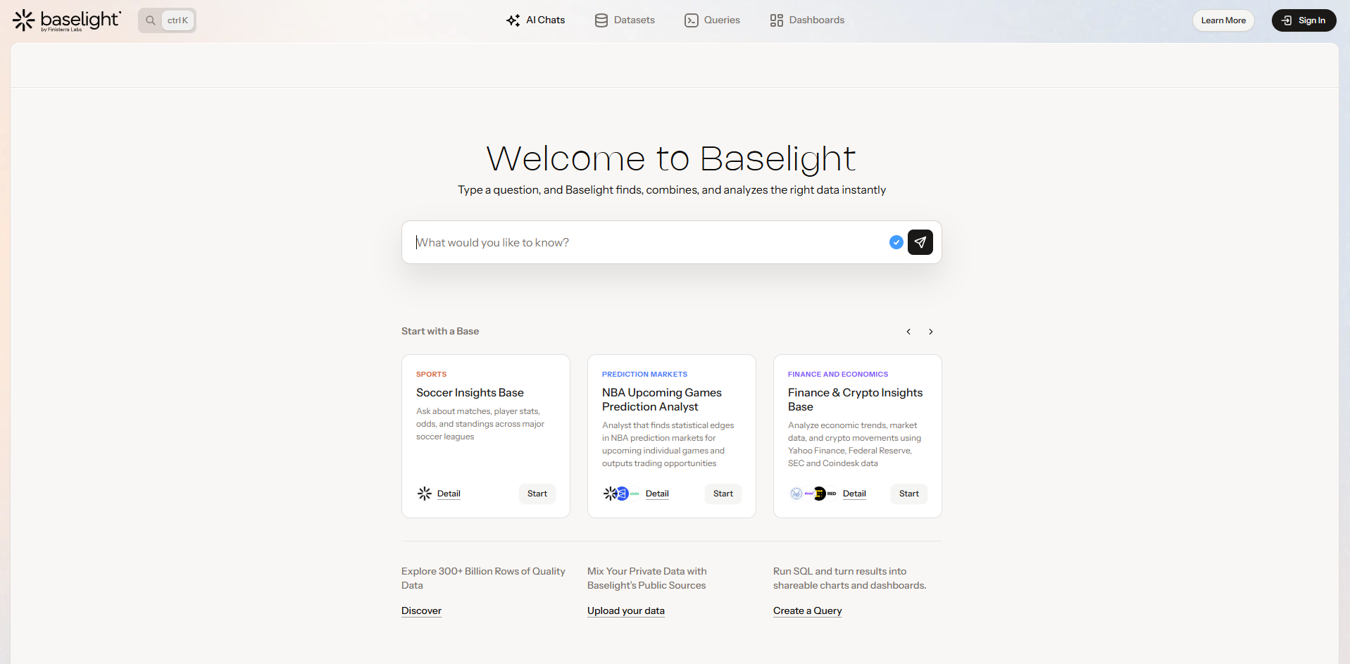 Baselight screenshot: Baselight AI question box and custom agents