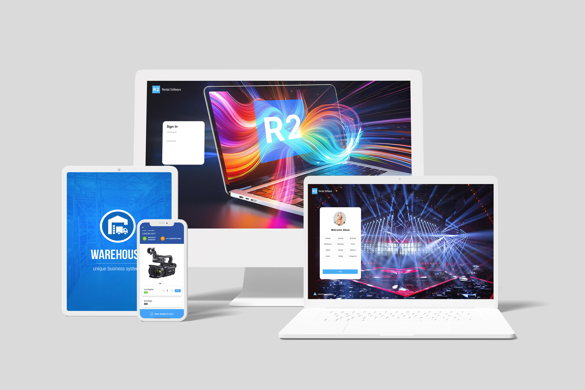 R2 Rental Equipment Management Software screenshot: Manage your R2 Rental Management Software from any web browser, enjoying 20% login & page load times, with robust security, and tablet friendly.