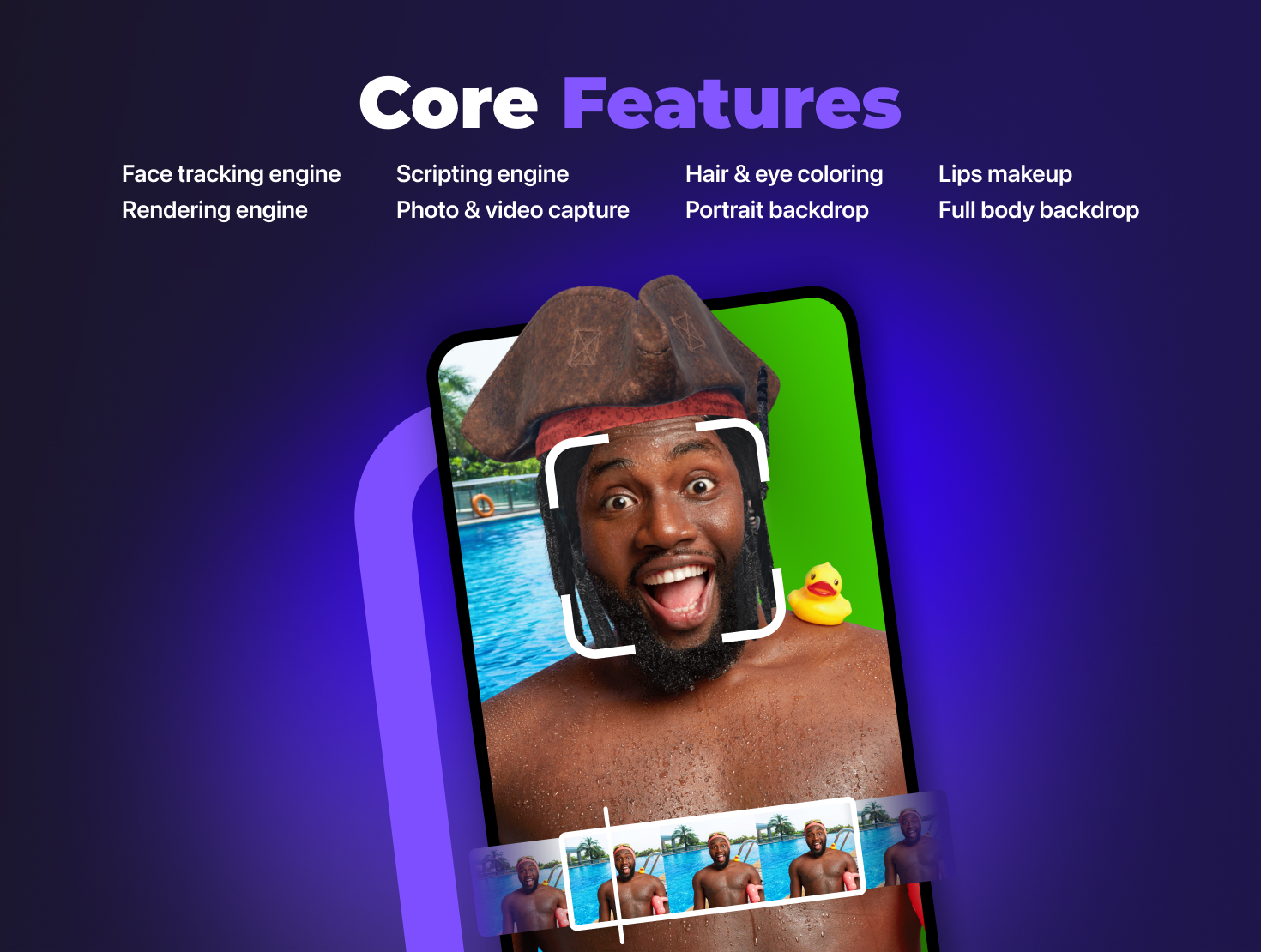 Core features of Banuba augmented reality SDK (Face Tracking Engine, Rendering Engine, Scripting Engine, Photo & Video Capture, Hair & eye Coloring, Portrait Backdrop, Lips Makeup, Full body Backdrop)