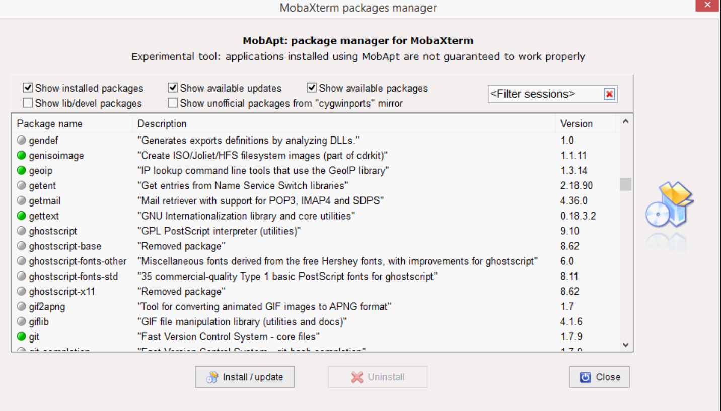 MobaXterm packages manager