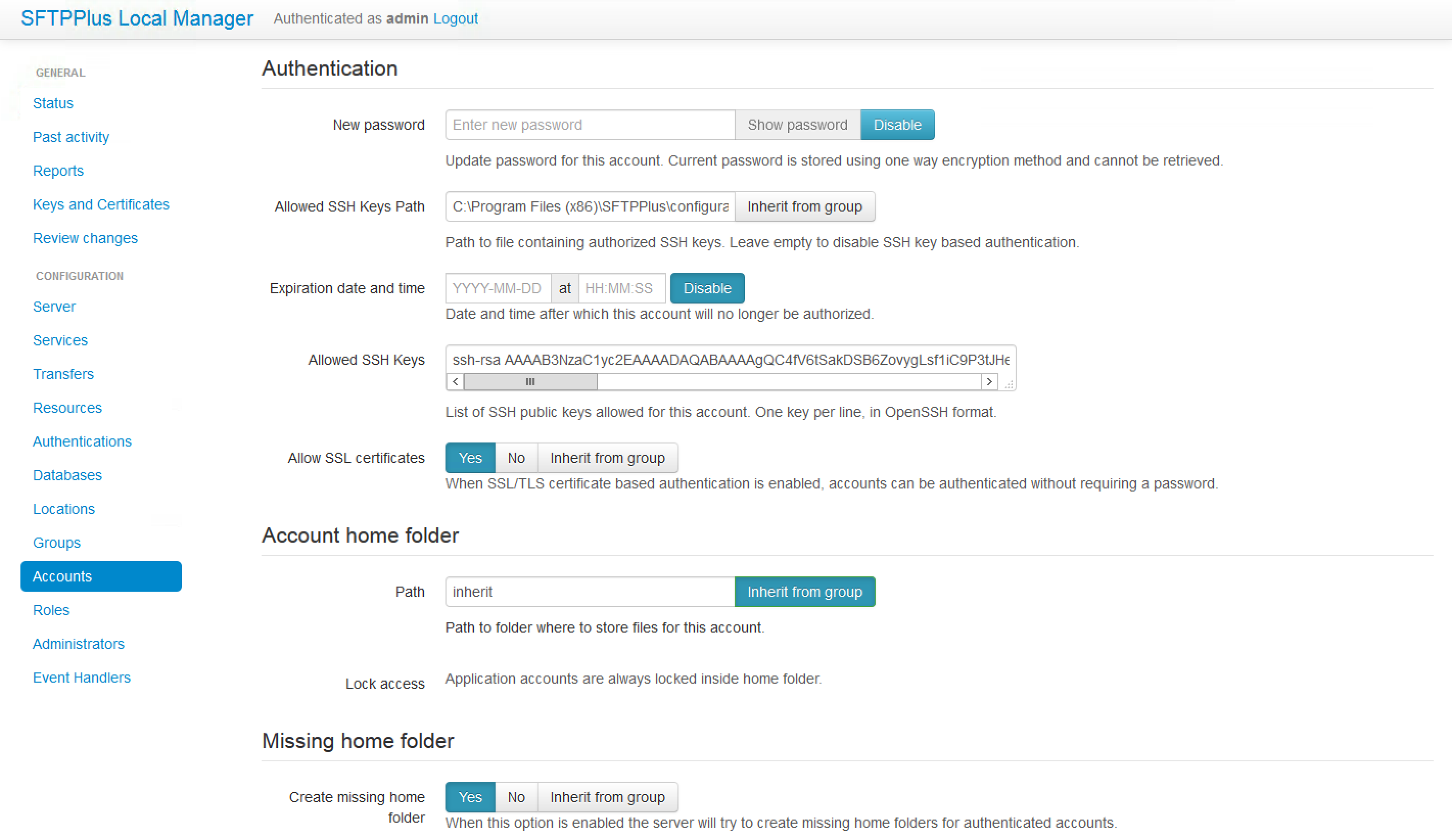 SFTPPlus screenshot: Local Manager authentication