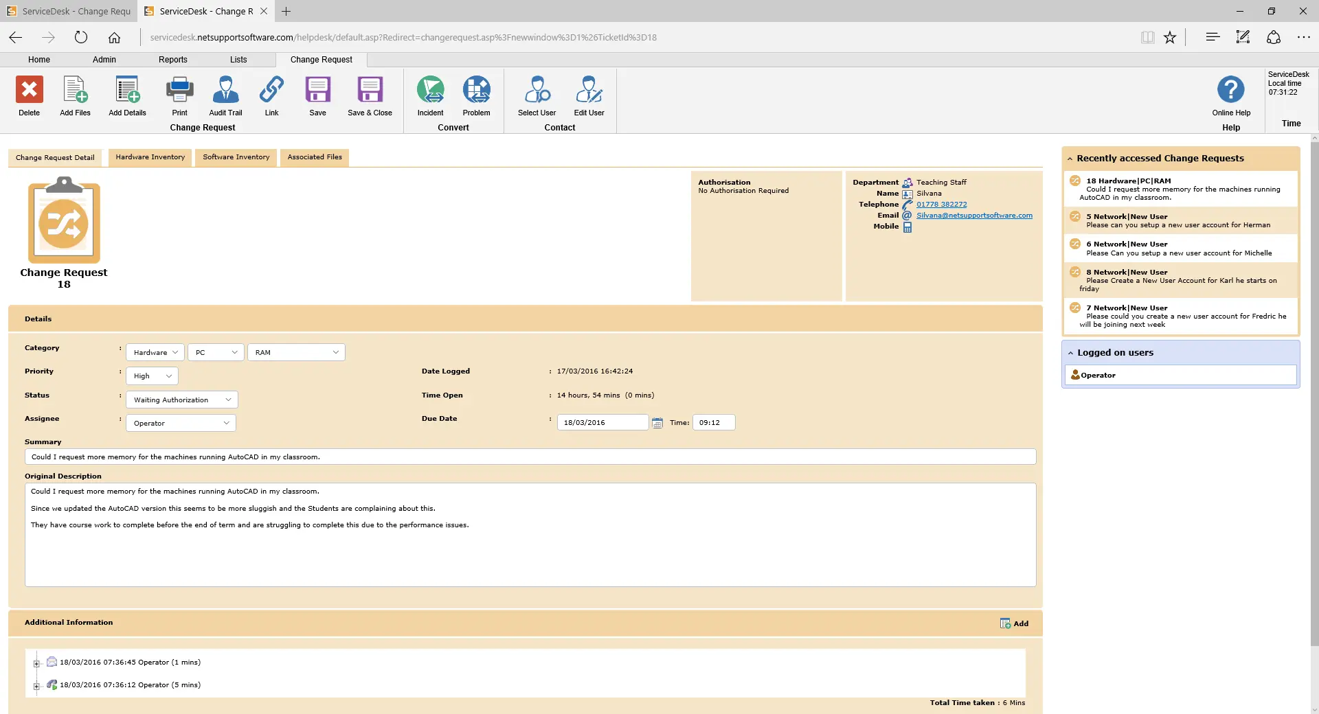 NetSupport ServiceDesk change management