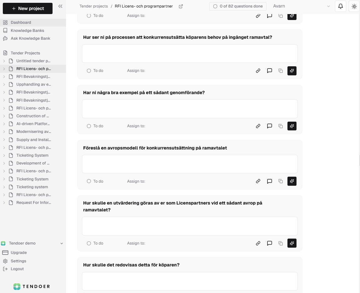 Tendoer screenshot: Tender reply automation with AI.
