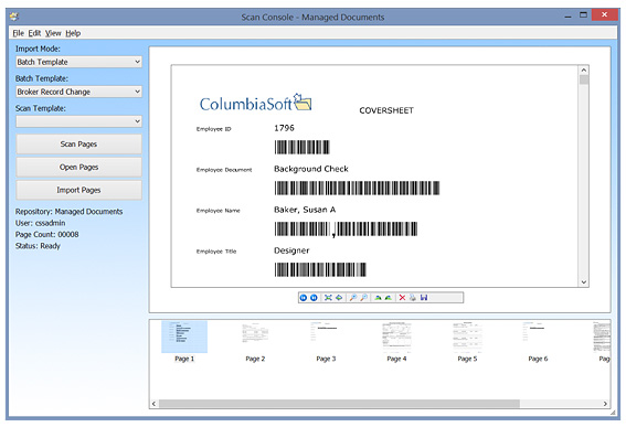 Document Locator Software - Document Locator scan console showing page previews