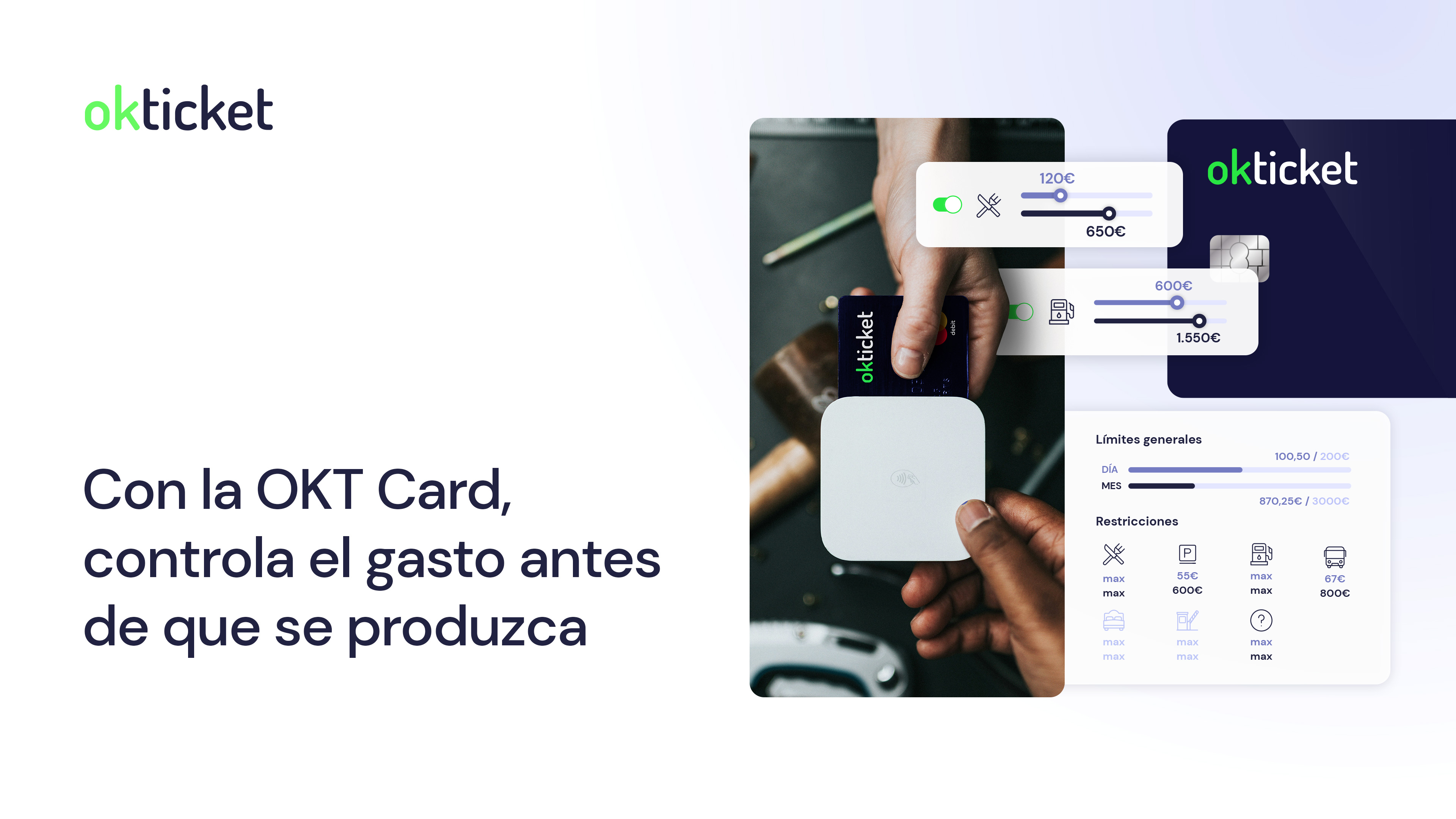 OKT Card es la tarjeta inteligente, tanto en formato físico como virtual, que te permite establecer límites y controlar el gasto de tus empleados.