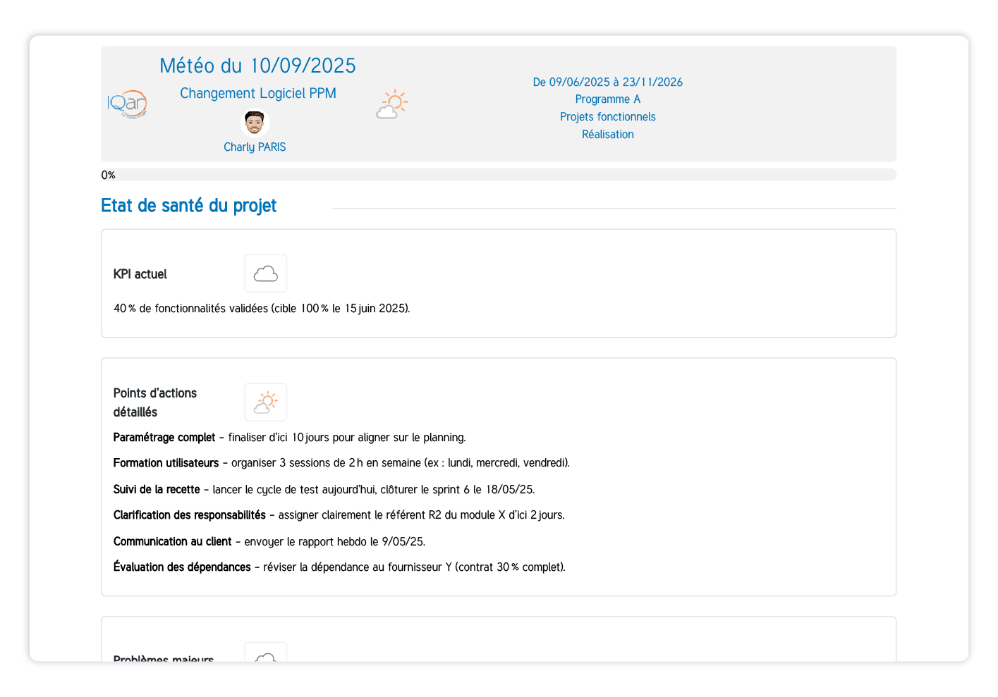 SuitePro-G Software - SuitePro-G - Vue météo projet SuitePro-G : indicateurs de santé projet pour anticiper risques et dérives.