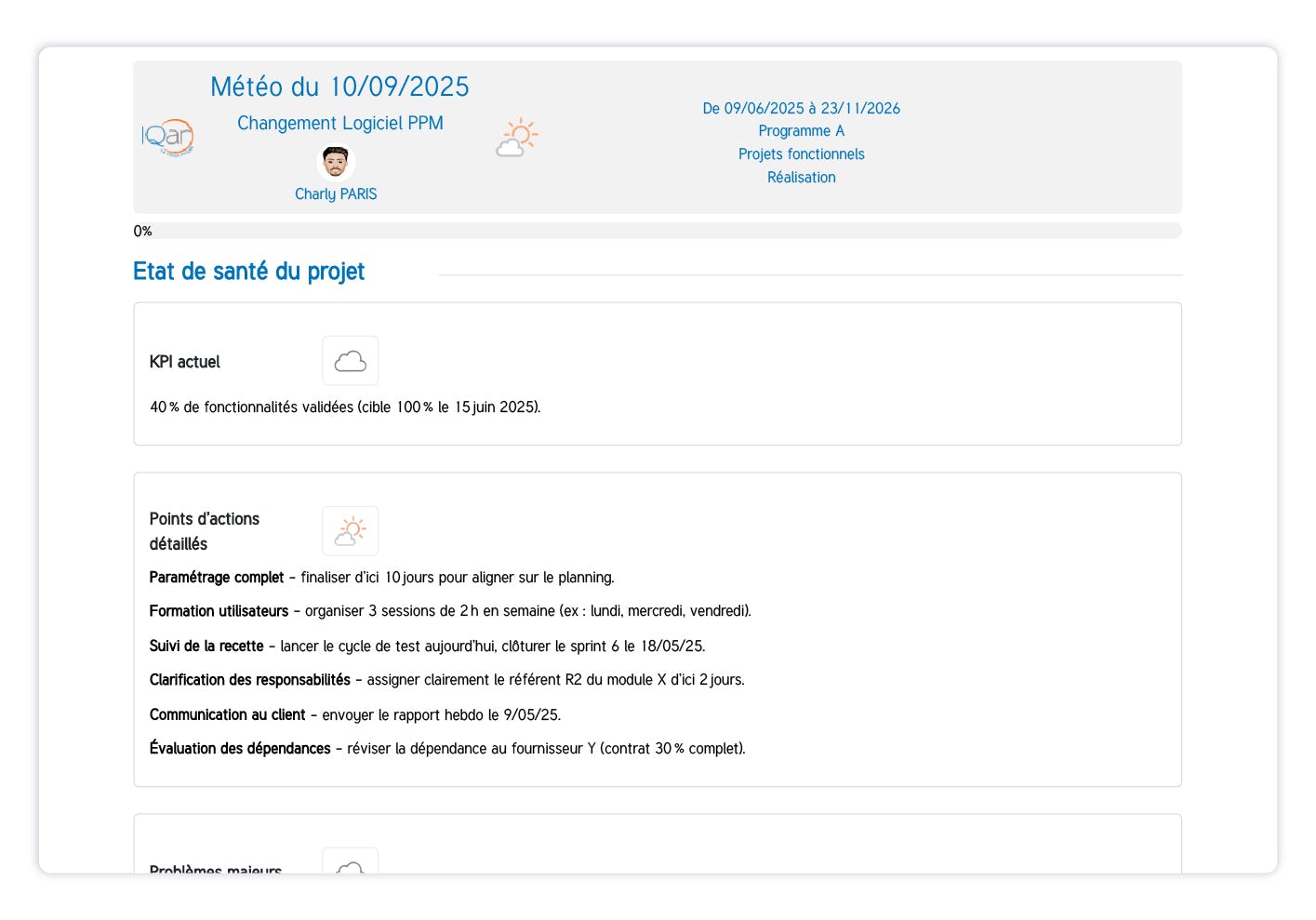 SuitePro-G Software - SuitePro-G - Vue météo projet SuitePro-G : indicateurs de santé projet pour anticiper risques et dérives.