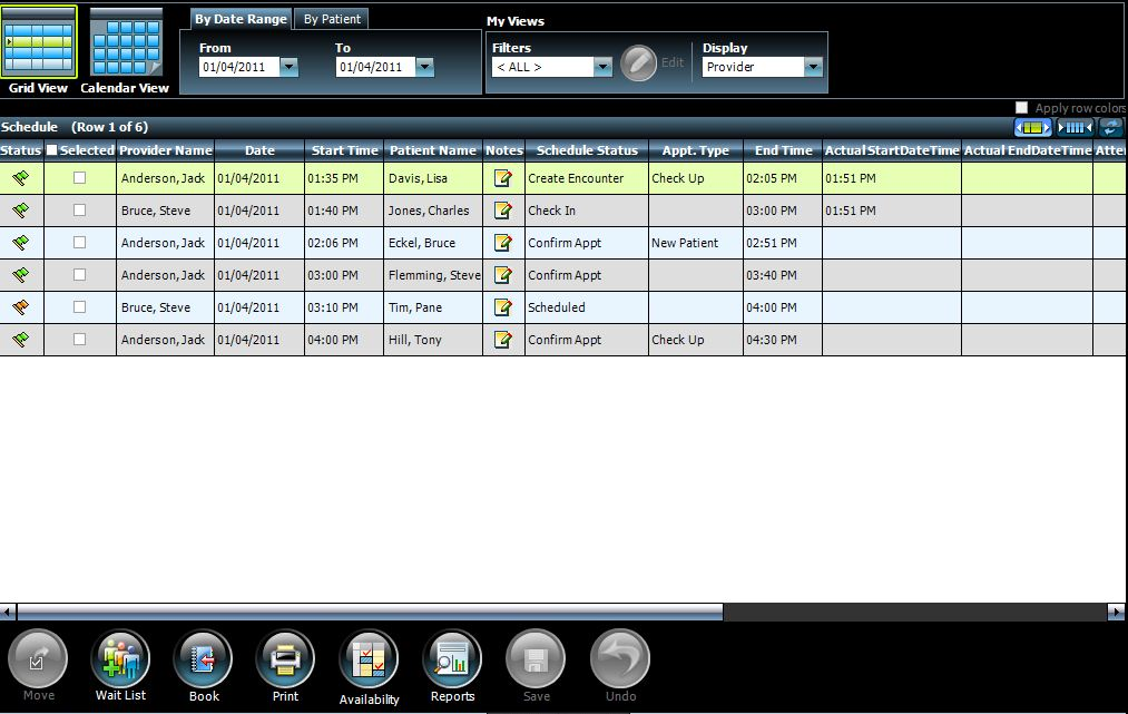 HealthTec Trilogy Software - Patient scheduling grid