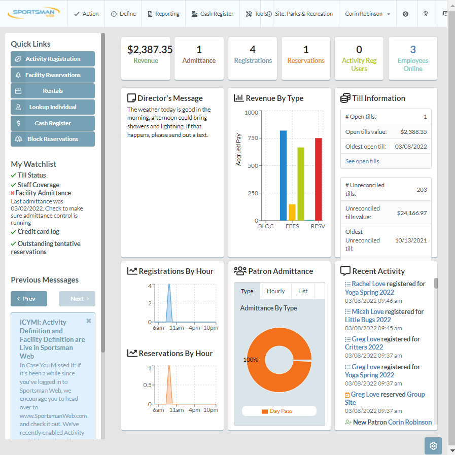Sportsman Web screenshot: iPad Dashboard