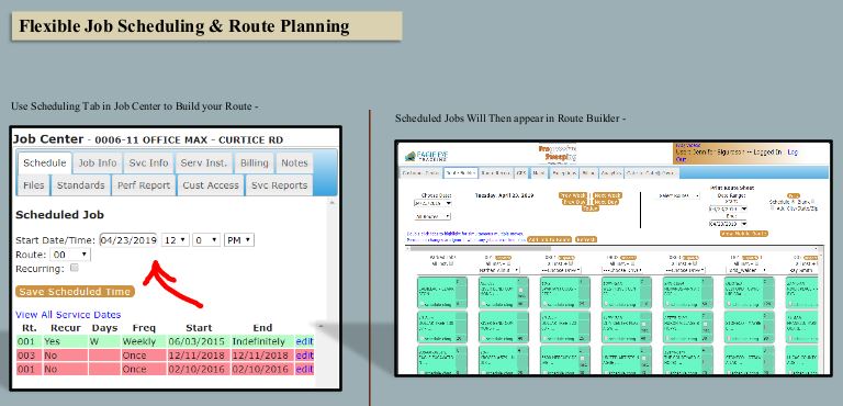 Flexible job scheduling and route planning  through the Job Center builds your routes.  It also creates work orders and details customer service requirements for your driver/ your route.  The scheduled jobs will then appear in the Route Builder screen.