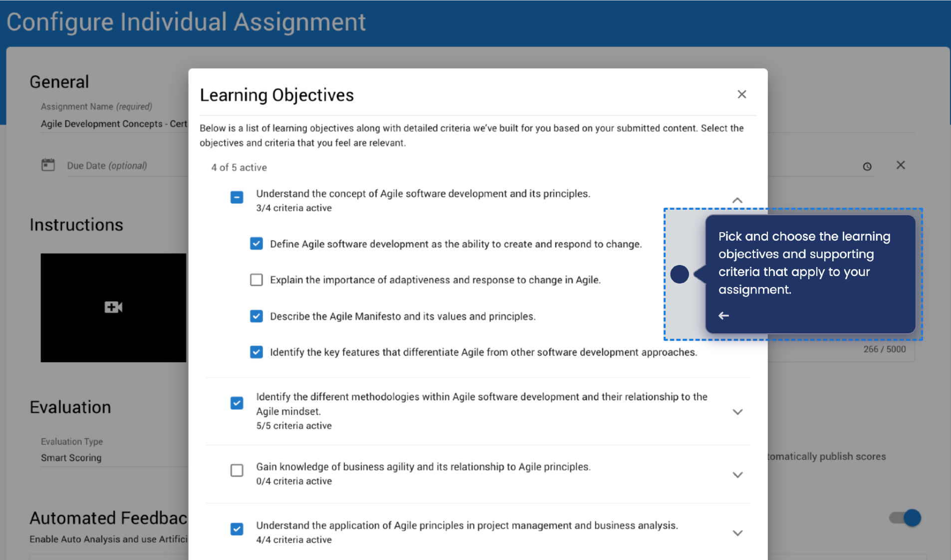 Automatically generate clear, tailored learning objectives from instructor-provided materials. Quickly upload a piece of source material and our AI will create editable learning objectives within seconds, ensuring alignment and clarity and saving time. 