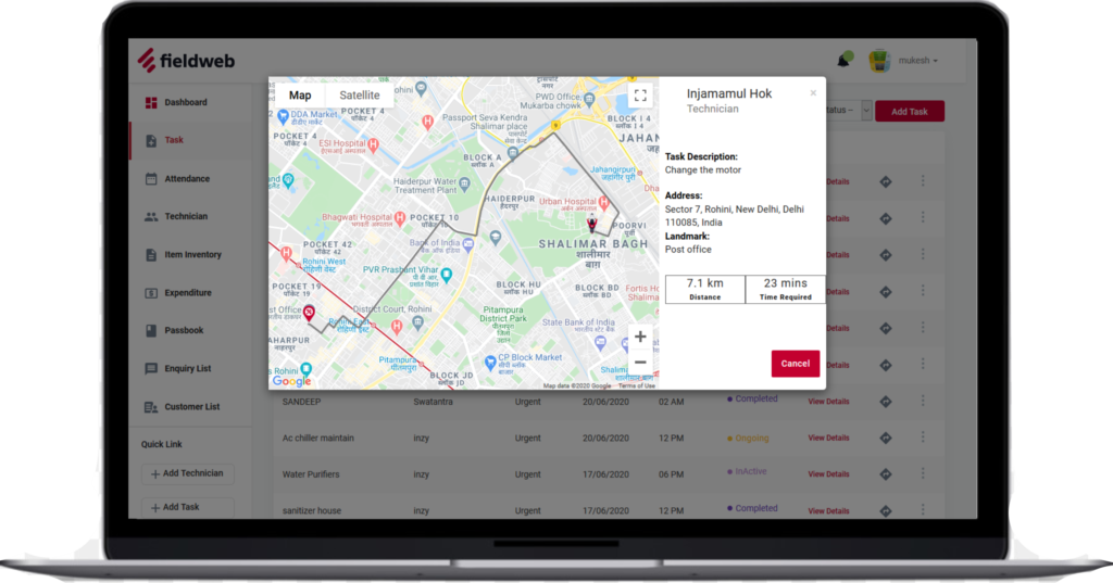 Fieldweb screenshot: The real-time tracking feature helps to monitor the real-time movement of your field workers. You can easily track every member of your team on the field individually. With FieldWeb, you can now track every member of your team on the field individually.