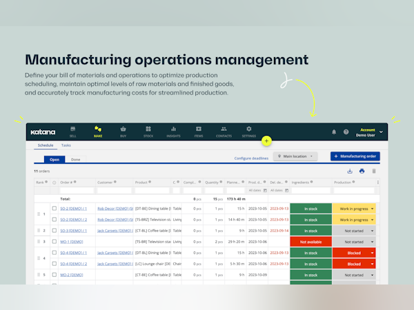 Katana Cloud Inventory Software - Define your bill of materials and operations to optimize production scheduling, maintain optimal levels of raw materials and finished goods, and accurately track manufacturing costs for streamlined production.