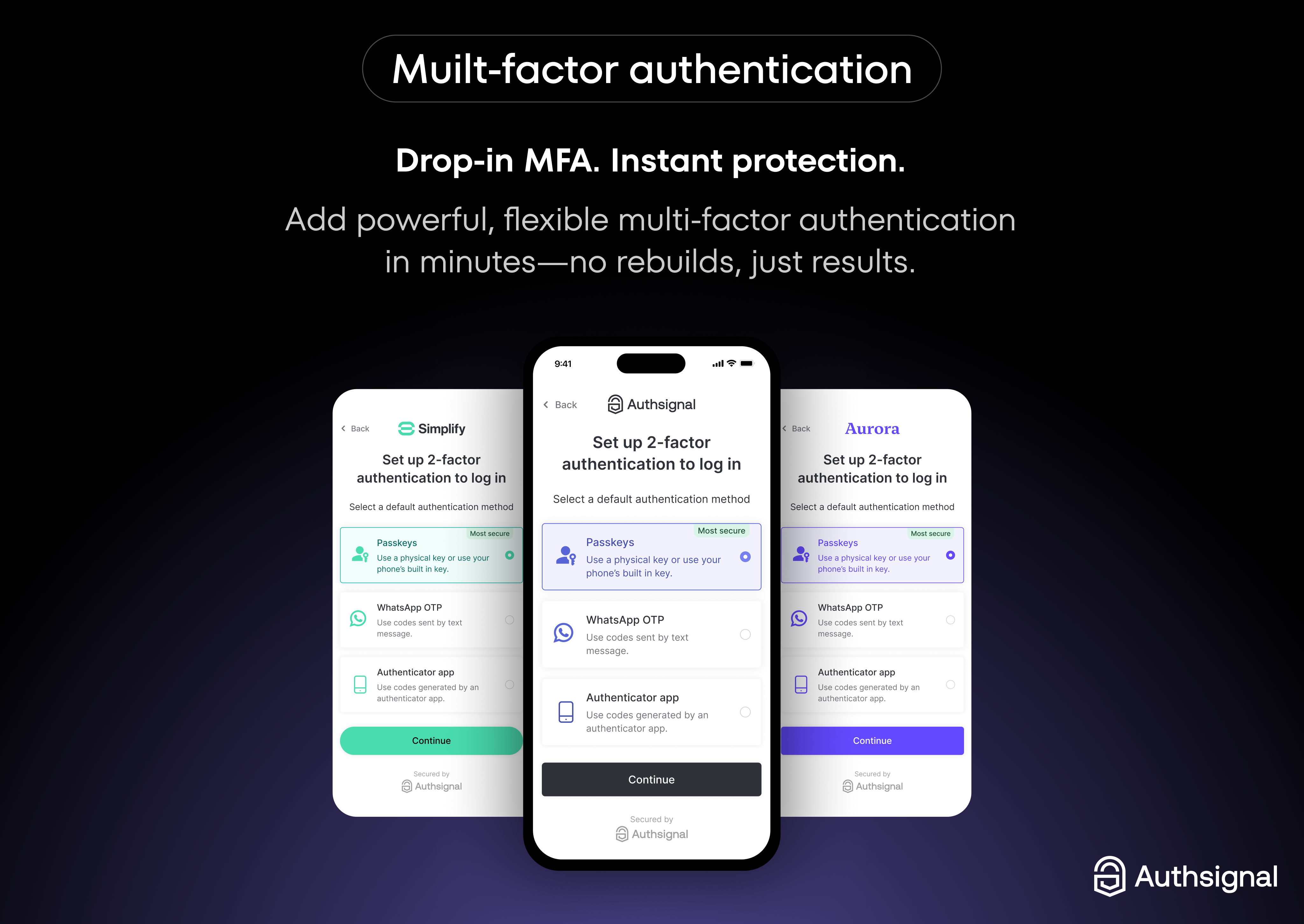 Authsignal screenshot: Manage the full authentication lifecycle with Authsignal. Enrollment, management, and account recovery flows, all out of the box. 