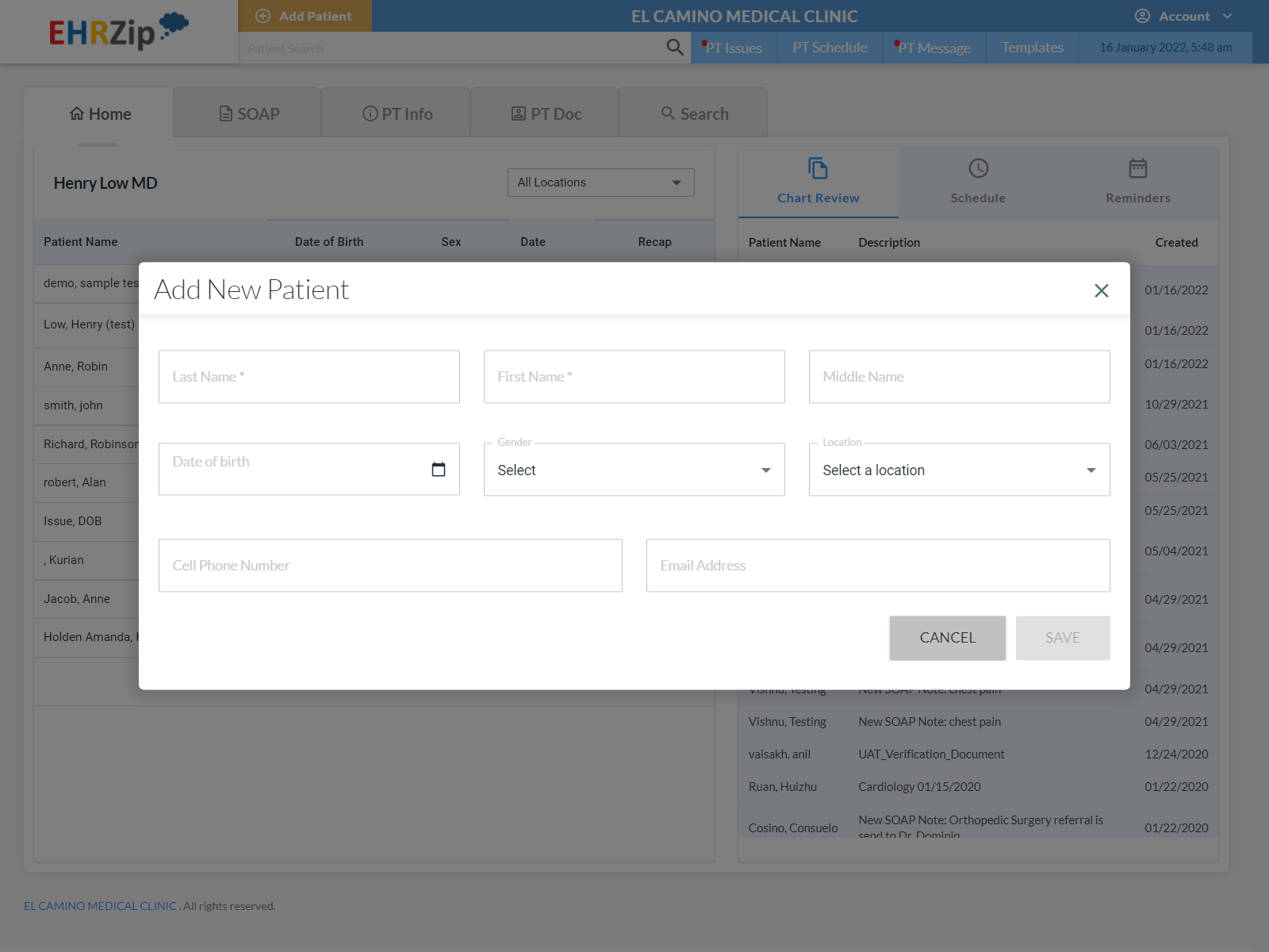 EHRZip screenshot: Add patient and contact Info into system