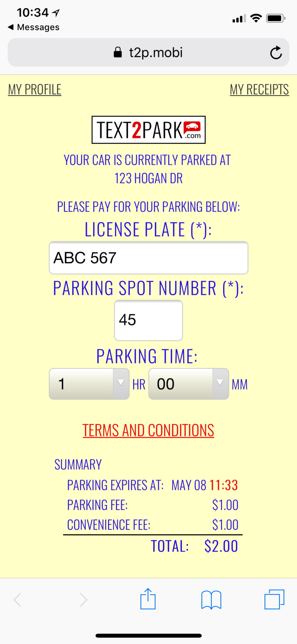 TEXT2PARK screenshot: TEXT2PARK payment receipt