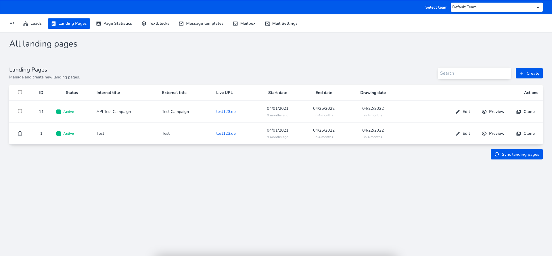 LeadHub screenshot: Leadhub landing pages
