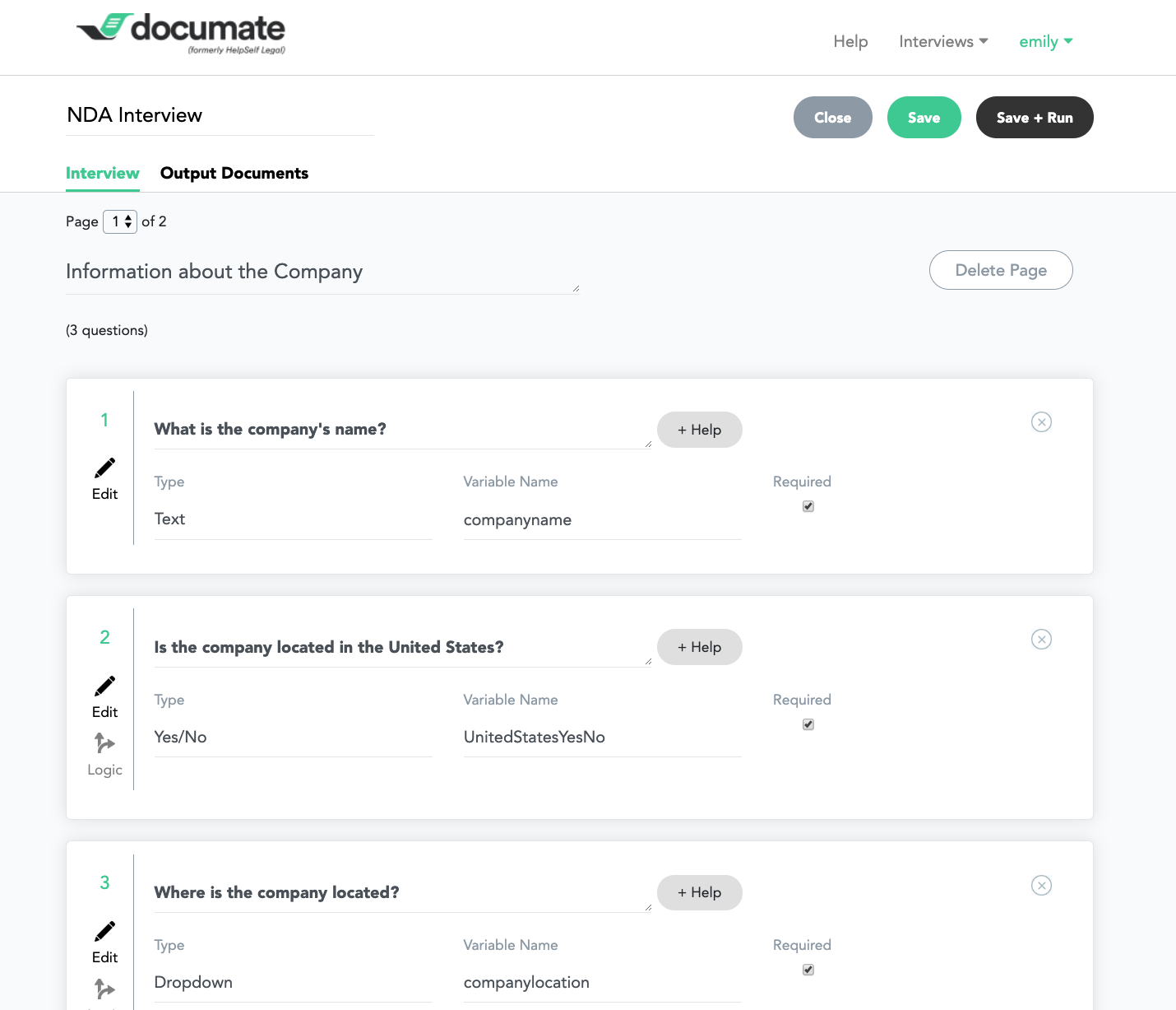 Documate Software - Add all questions that are relevant to documents and document sets