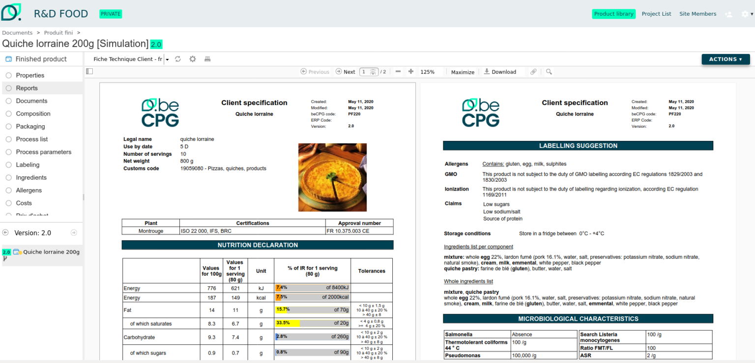 beCPG PLM manage and generate product specifications