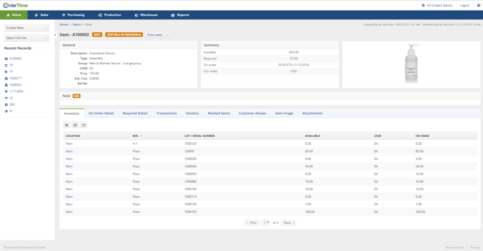 Order Time Inventory Software - Item Details