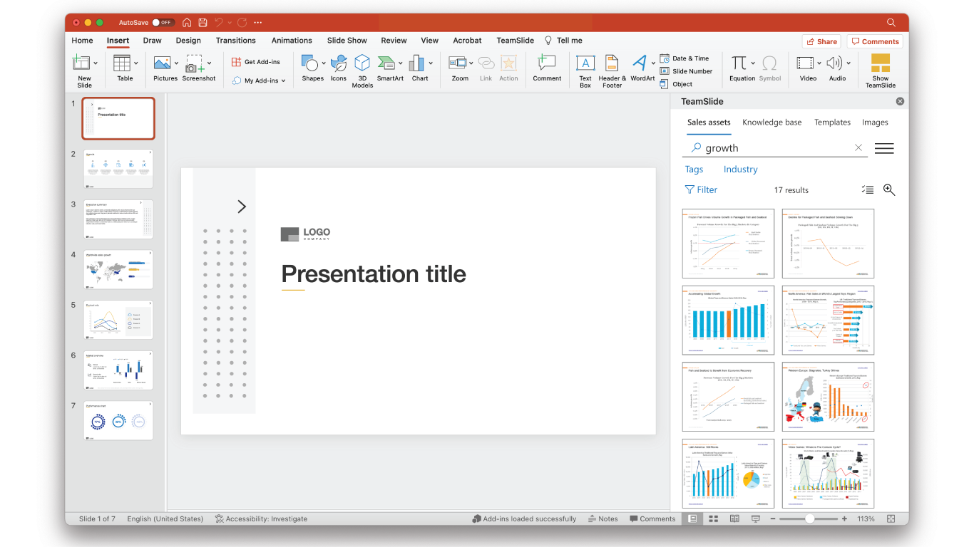 Intuitive access to your slides, images, and videos from inside PowerPoint. Empower employees to find the best assets and build winning presentations faster.