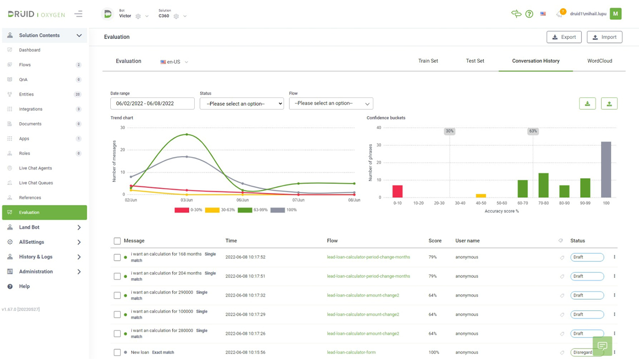 DRUID Software - Built in, out of the box, powerful language understanding analytics. You see insights and suggestions for improvements. The visuals include click to actions to fine tune your NLU model. Suggestions for new intents and improvements are provided.