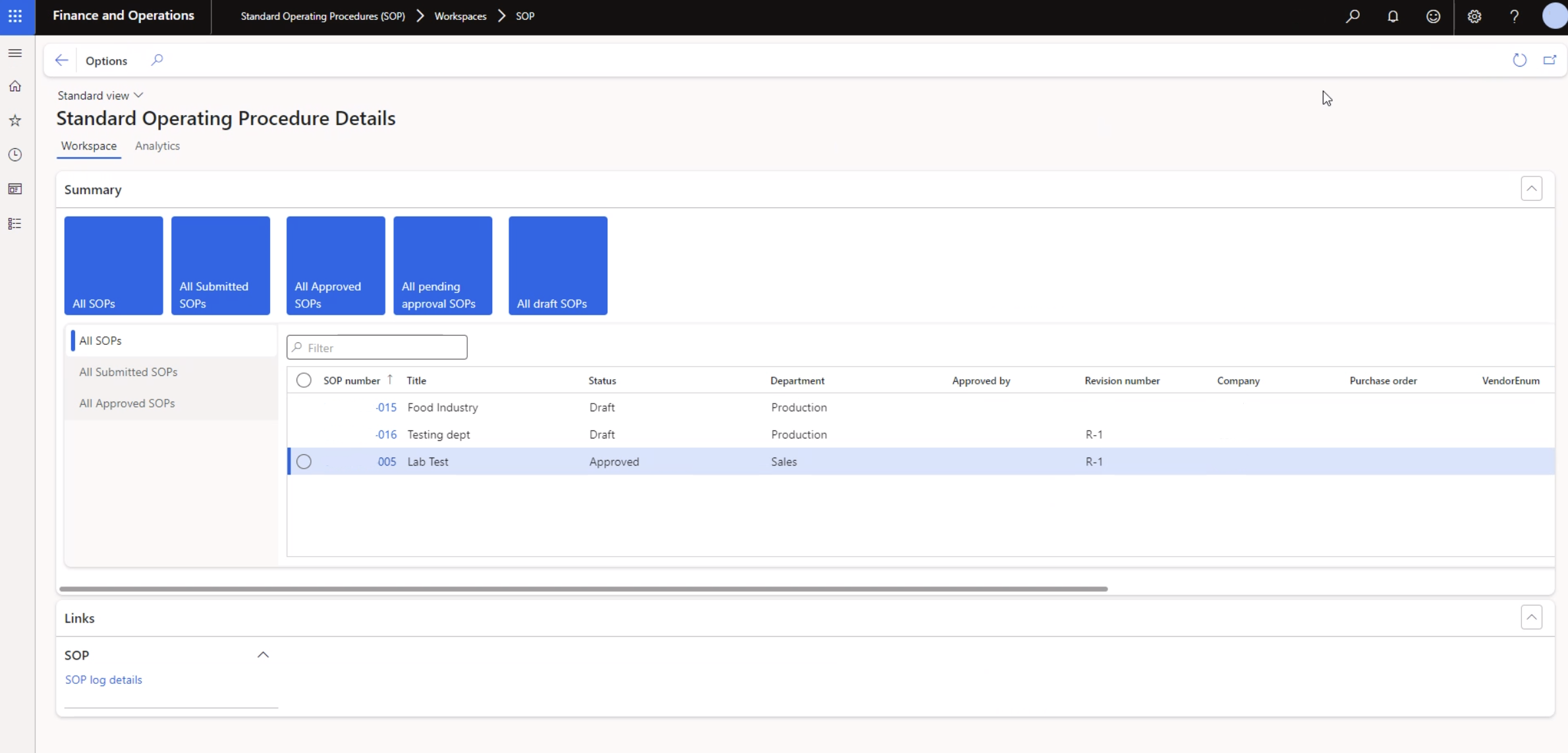 Integrated SOP Management (SOP) Software - iSM - SOP Workspace Screen in Dynamics 365